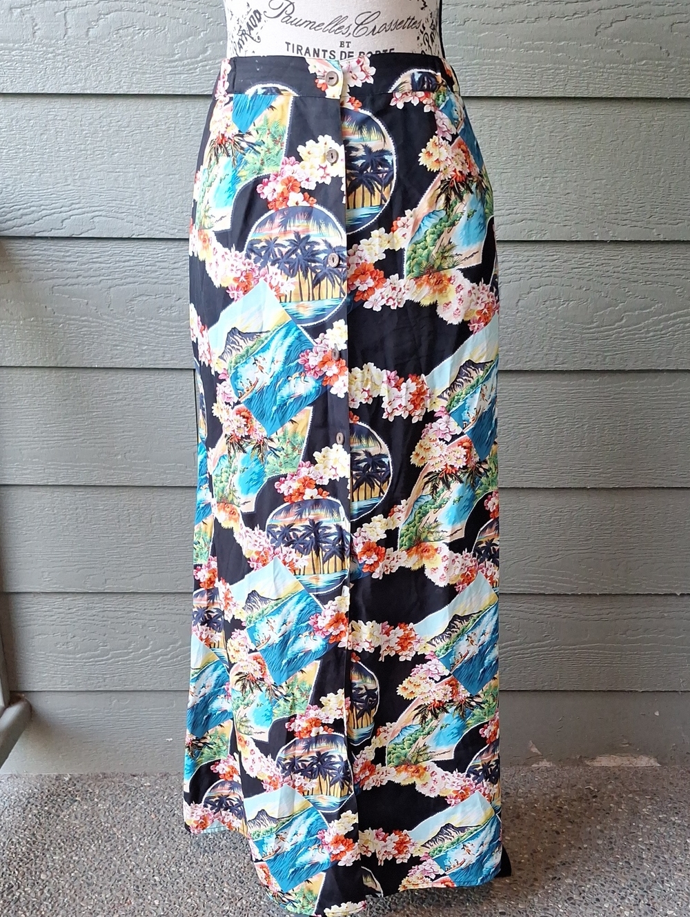 Vintage 90s Edward Tropical Floral Hawaiian Button-front Maxi Skirt Size M